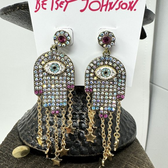 Betsey Johnson Rhinestone Hamsa Hand Earrings  dangle stars NWT - Picture 1 of 7